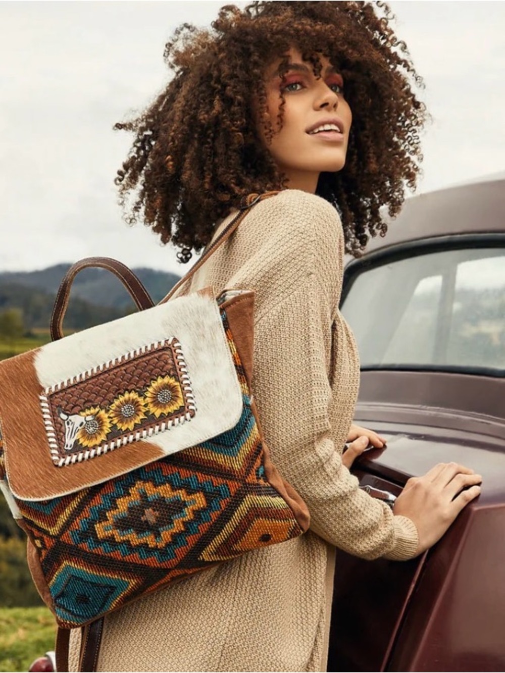 MYRA PRIMORDIAL TOOLED BACKPACK BOHEMIAN WESTERN CALF HAIR HAIRON LEATHER SUNFLO